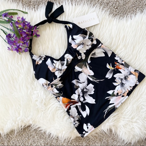 Athleta Halter Tankini size 32B 32C Polynesia Tank Top Tropical Floral Black - Picture 5 of 10